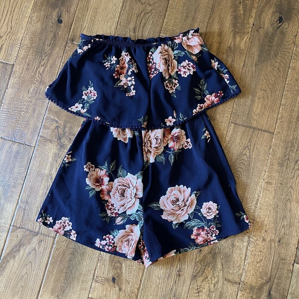 Navy Daytrip Rose Floral Strapless Short Flutter Romper Size XS Juniors/Teen - Picture 1 of 7